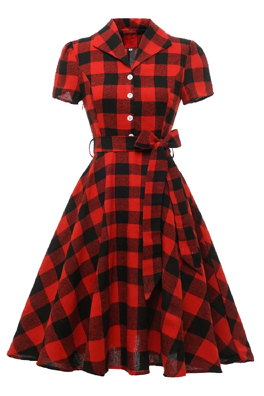 Flare dresses with peplum details for a stylish flair -Rouge Plaid Manches Courtes Robe Vintage Flare dresses with peplum details for a stylish flair -Rouge Plaid Manches Courtes Robe Vintage