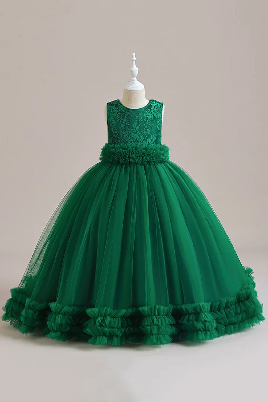 Flare dresses with off-shoulder designs for a romantic look -Tulle vert sans manches Une ligne robe fille avec dentelle Flare dresses with off-shoulder designs for a romantic look -Tulle vert sans manches Une ligne robe fille avec dentelle