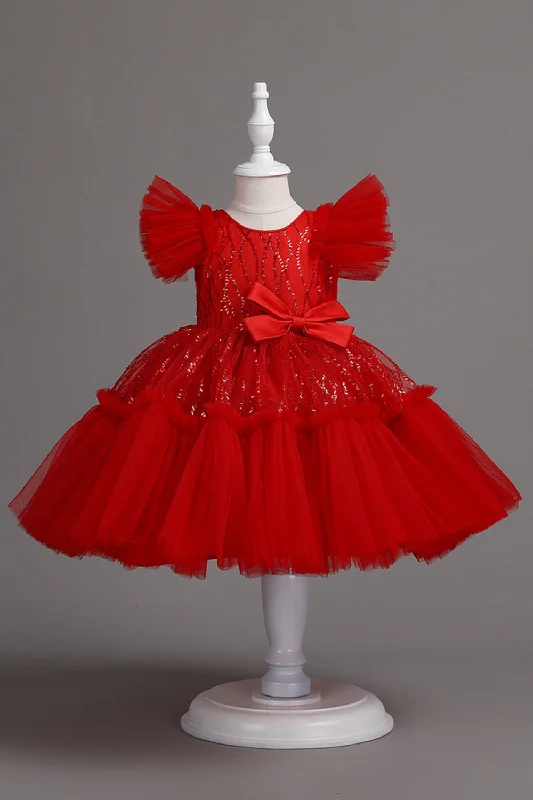 Flare dresses with smocked backs for comfort and stretch -Une ligne Jewel Col Robe Red Girl avec nœud papillon Flare dresses with smocked backs for comfort and stretch -Une ligne Jewel Col Robe Red Girl avec nœud papillon