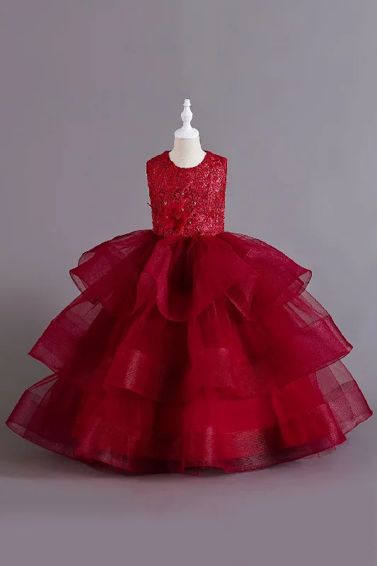 Flare dresses with wrap designs for a flattering fit -Une ligne Tulle Bourgogne Robes Filles Sans Manches avec nœud Flare dresses with wrap designs for a flattering fit -Une ligne Tulle Bourgogne Robes Filles Sans Manches avec nœud
