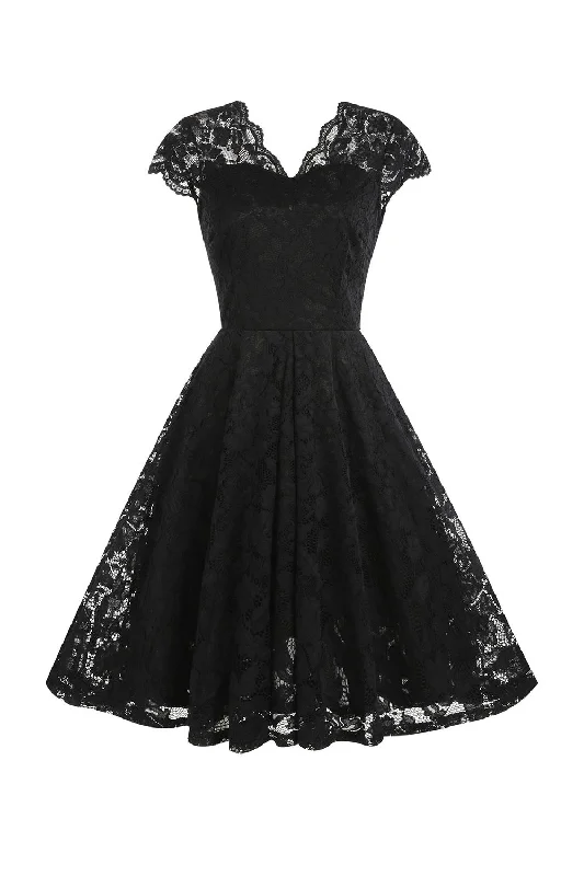 Flare dresses with peplum details for a stylish flair -V Col Dentelle Noire Hepburn Style 1950s Robe