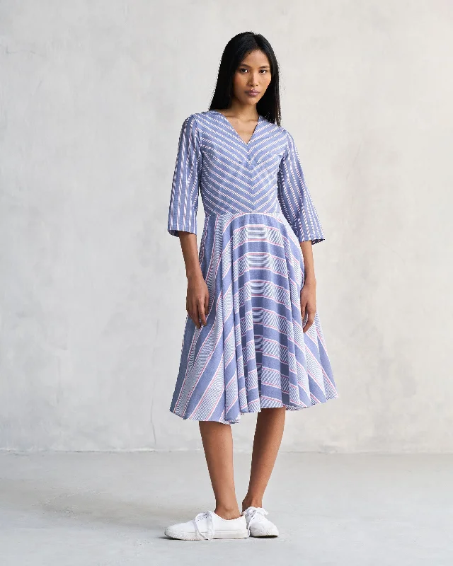 Flare dresses with plaid designs for a cozy feel -V-neck Flared Dress - Blue & Red
