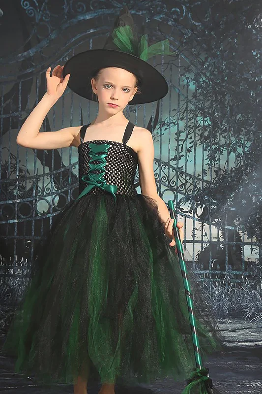Flare dresses with crochet inserts for a vintage touch -Vert foncé Lace-Up Front Tulle Halloween Robe de fille Flare dresses with crochet inserts for a vintage touch -Vert foncé Lace-Up Front Tulle Halloween Robe de fille