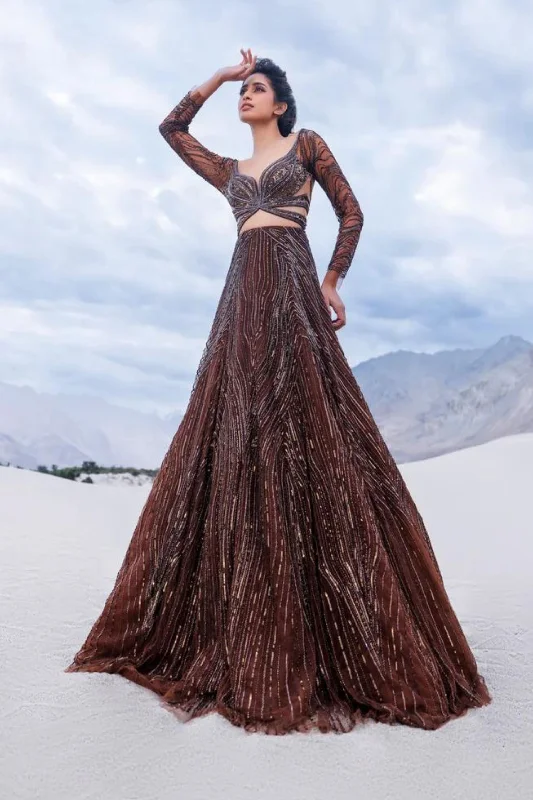 Elegant flare dresses for evening events -Copper flared gown