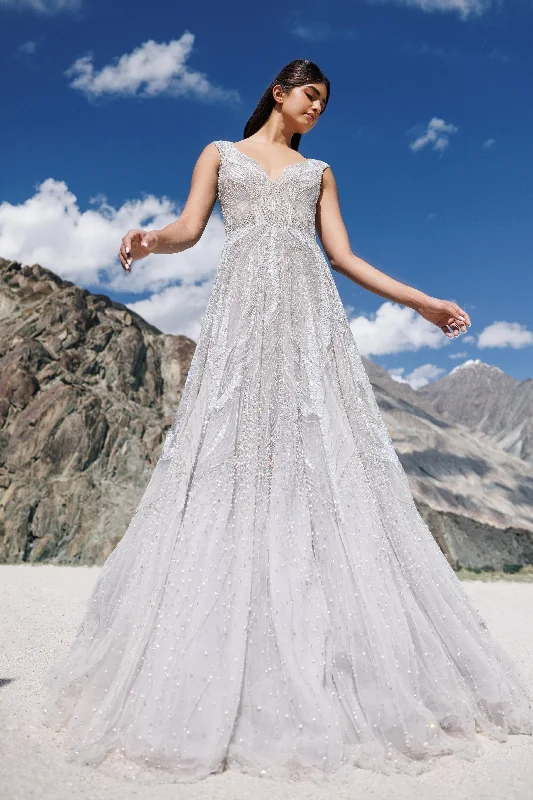 Black flare dresses for versatile styling -Icy blue flare gown