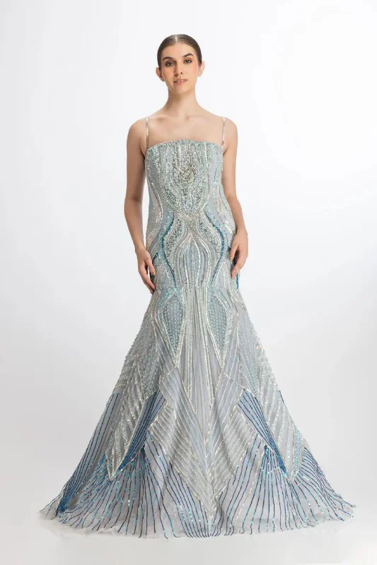 Plus-size women's flare dresses -Multi color blue mermaid flare gown