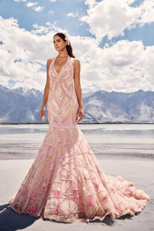 Red flare dresses for special occasions -Multicolor pink mermaid flare gown