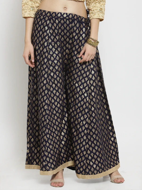 Women's Navy Blue Printed Rayon Sharara - Wahe-NOOR