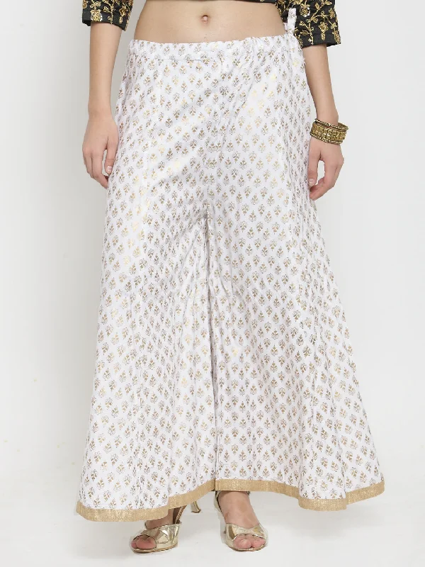 Women's White Printed Rayon Sharara - Wahe-NOOR