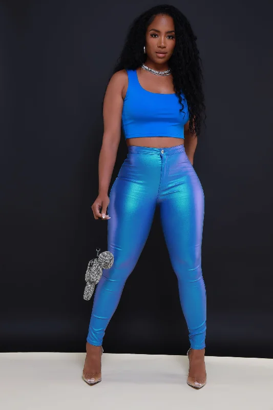 Coming In Hot High Rise Metallic Skinny Pants - Sky Blue