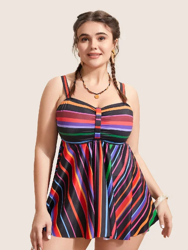 Heart Neckline Striped Contrast Gathered Swim Top