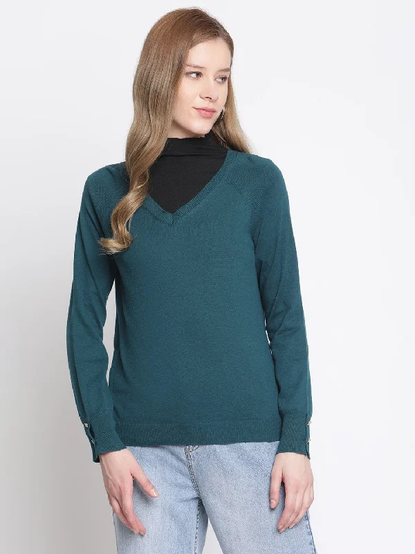 Madame  Teal Color V-Neck Sweater