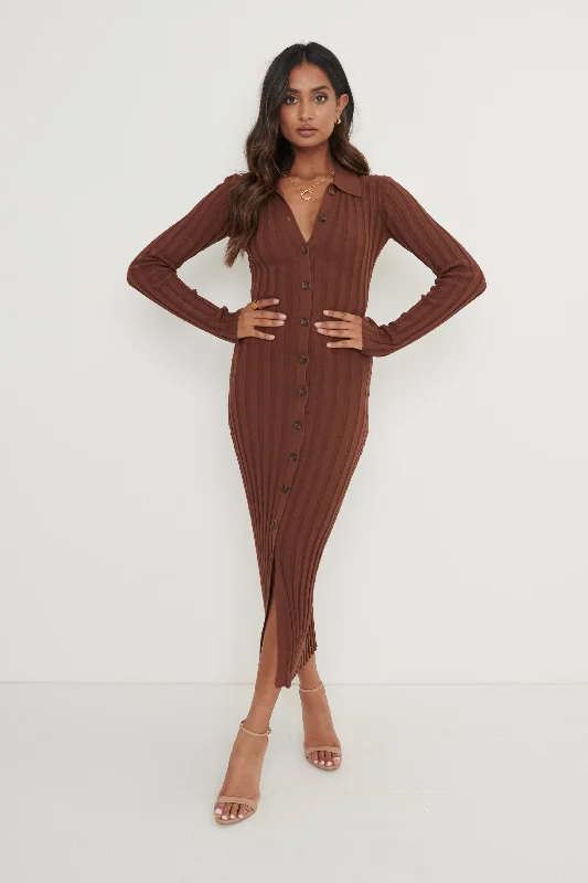 Micah Ribbed Midaxi Knit Dress - Brown