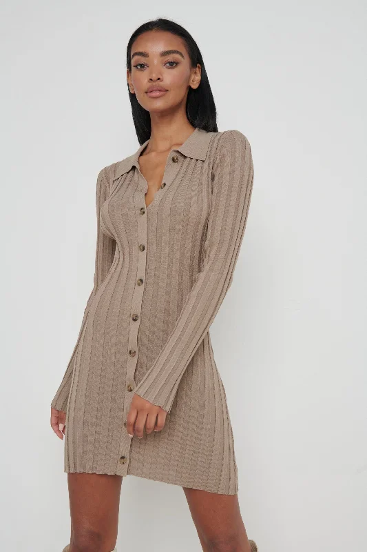 Micah Ribbed Mini Knit Dress - Taupe