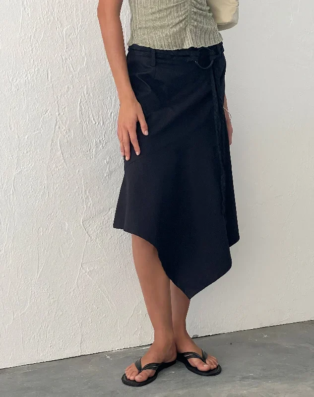 Nejusi Asymmetric Midi Skirt in Black with Braided Belt