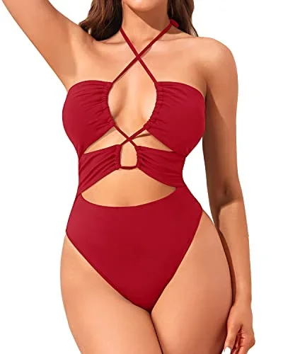 One Piece Plunge Criss Cross Halter Monokini Swimsuit For Women-Red