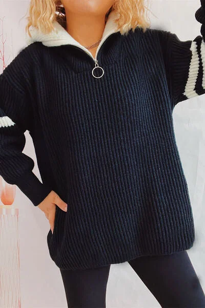 quarter-zip-striped-dropped-shoulder-sweater