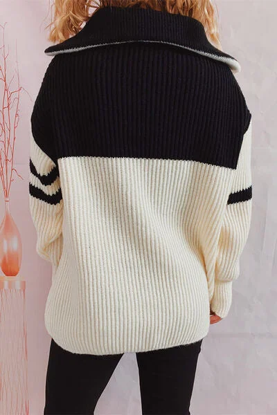 quarter-zip-striped-dropped-shoulder-sweater