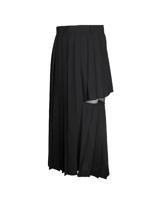 Sacai Pleated Cut-Out Midi Skirt in Black Polyester