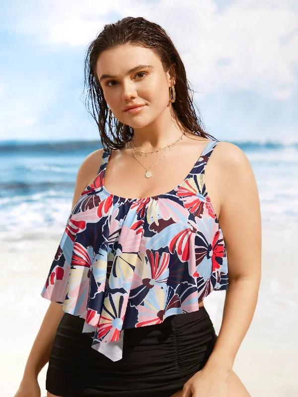 U Neck Contrast Floral Tiered Ruffles Swim Top