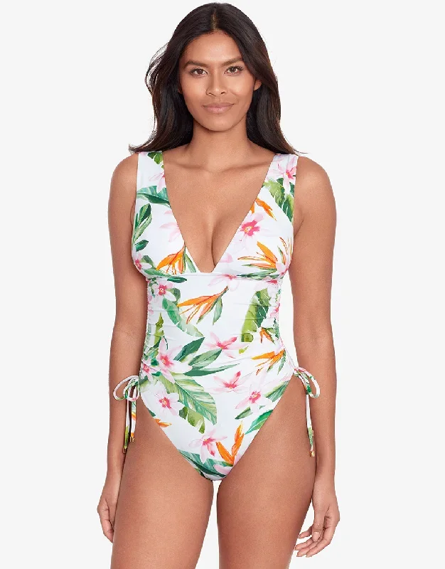 Watercolour Tropical Shirred Plunge Swimsuit - White Multi