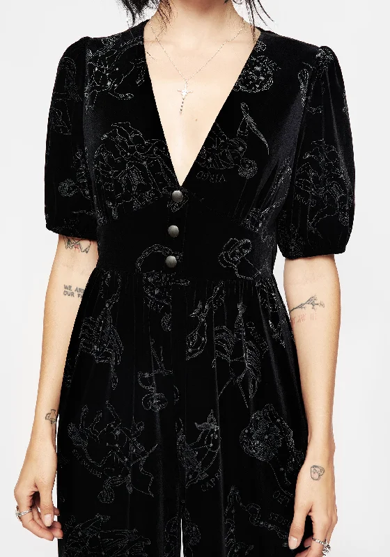 zodiac-foil-print-button-front-velour-jumpsuit