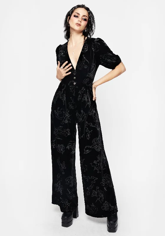 zodiac-foil-print-button-front-velour-jumpsuit